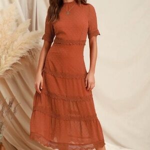 Lulu’s Rust Tiered Midi Dress with Lace Trim - Unbranded